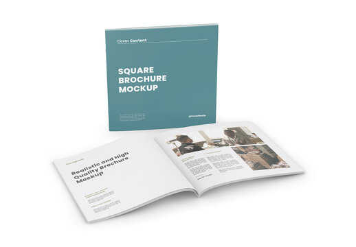 Square Brochure Mockup - Opened and Cover - Half Side View