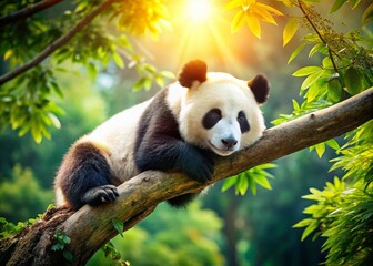 Obraz premium Adorable Panda Bear Napping Peacefully on a Tree Branch - Cute Wildlife Stock Photo