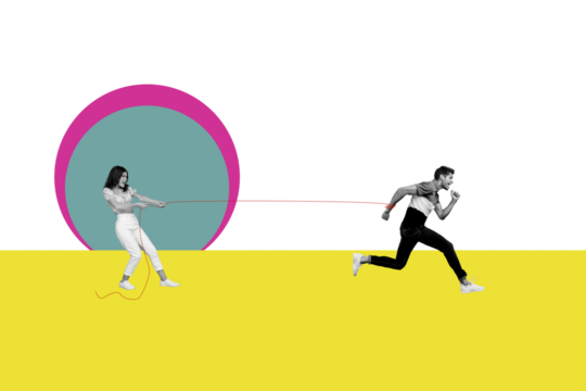 Trend artwork composite sketch image photo collage of caricature couple friends young man run fast lady hold rope manipulation puppeteer