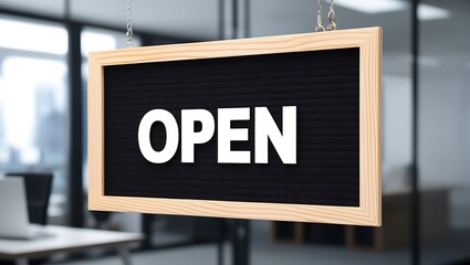 Modern Office with Open Sign on Glass Desk - Professional Workspace