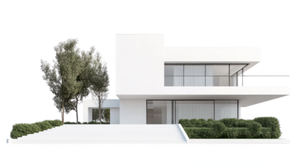 Modern white minimalist house with green bushes and trees on transparent background