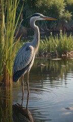 Fototapeta premium Striped Heron Wading in the lake at shoreline with reeds, bird, heron
