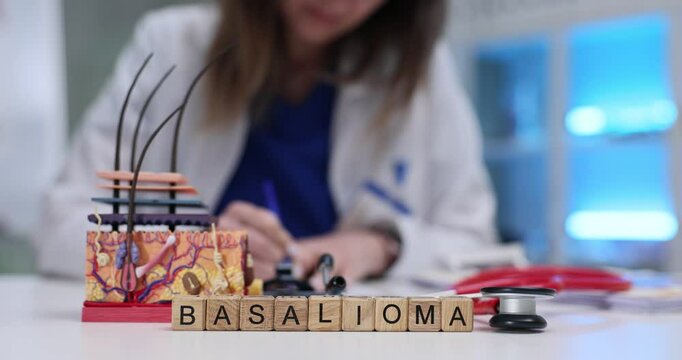 A medical professional studies basal cell carcinoma using anatomical models and precise surgical tools
