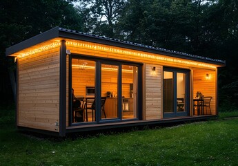 Fototapeta premium A wooden house with large windows and lights on, surrounded by green grass in the forest at night. A beautiful cabin that has an impressive exterior design, nestled amidst tall trees. The roof 
