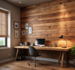 Study room with multiple wooden boards on walls , home office setup, whiteboards