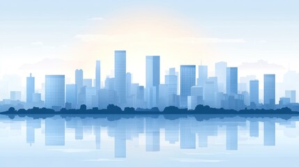 Fototapeta premium Cityscape sunrise reflection, calm water, urban background, website banner