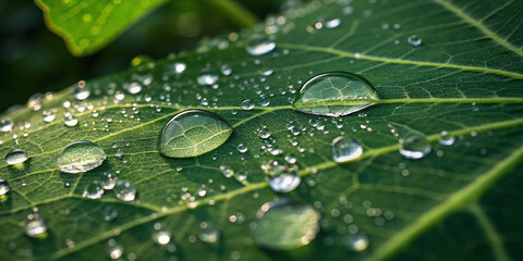 A Close-Up Image of Dew Drops on a Green Leaf for Nature Photography