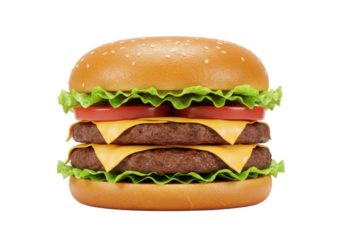 Burger isolated on white background, front angled view, no depth of field, sharp.