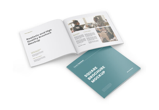 Square Brochure Mockup - Opened and Cover - Half Side View