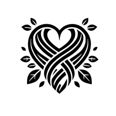 Elegant Black and White Heart with Leaves: Nature Inspired Abstract Design. Perfect for logos, prints, and decorations.