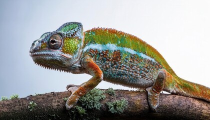 A vivid chameleon explores a textured branch, showcasing its brilliant colors in a lush environment.