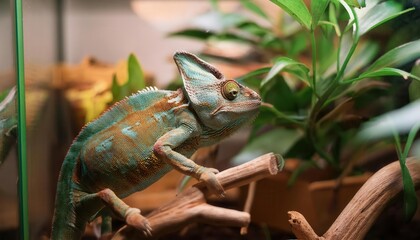 A colorful chameleon navigates through lush plants and wooden branches in its lively home.