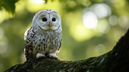 Obraz premium A Ural owl perched on a mossy tree branch in a sunlit forest with a blurred green background
