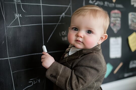 A baby dressed in a suit holding chalk in front of a blackboard with graphs and drawings