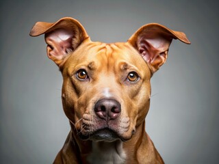 Obraz premium Adorable Tan Pit Bull Mix Dog with Quirky Ear on Light Gray Background