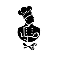 Chef Silhouette: A Culinary Emblem.  A striking black and white image of a chef, symbolizing culinary expertise, delicious food, and restaurant experiences.