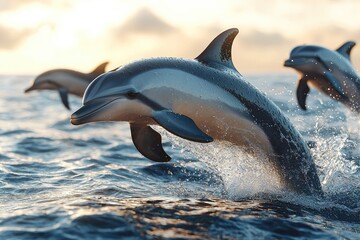 Obraz premium Dolphins leaping playfully in ocean waves during sunset