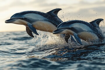 Obraz premium Two dolphins leap from the ocean waves at sunset