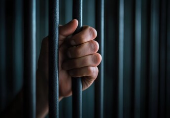 A hand is holding a bar of a prison cell