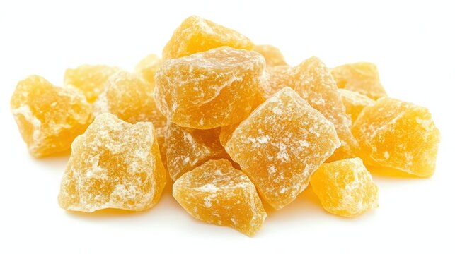 A pile of crystallized ginger chunks on a white background