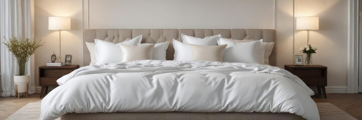 Stylish bedroom with white down bedding set on queen size bed, fancy, lifestyle