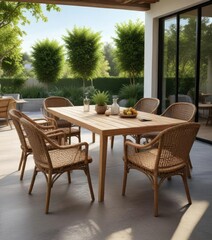 Stylish outdoor furniture set with wicker chairs and wooden table, trendy, elegance, chic
