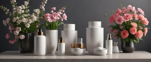 Stylish pedestal with trendy cosmetic containers against a backdrop of flowers, feminism, product display
