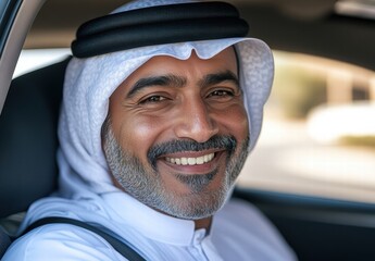 Fototapeta premium A man with a white hat and beard is smiling in a car