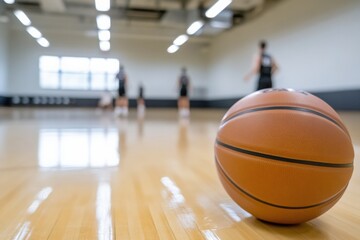 Naklejka premium Indoor Basketball Court Scene, Blurry Players Background, Focus on Basketball on Polished Floor