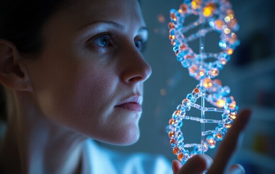 A woman is holding a DNA strand in her hand