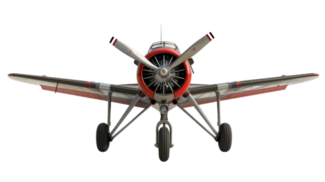 Vintage airplane standing on transparent background with propeller and landing gear