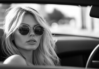 A blonde woman wearing sunglasses sits in a car