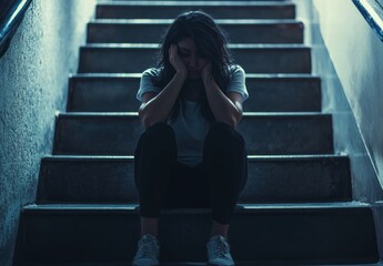Fototapeta premium A woman is sitting on a staircase with her head down
