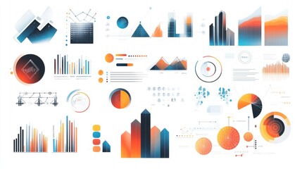 Data visualization charts, graphs, and infographics on white background for presentation