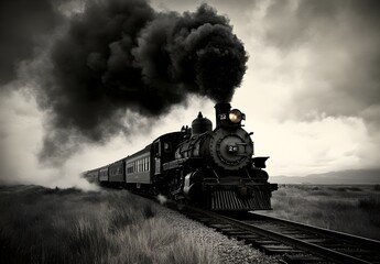 Naklejka premium Vintage steam train moving through the countryside, with black smoke billowing from its chimney. 