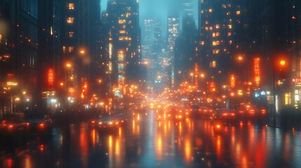 Obraz premium Rainy City Night Street Lights Reflecting In Wet Roads