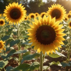 Fototapeta premium Sunflower blooms basking in the golden warmth of a sun-drenched summer afternoon, outdoor scenery, wildflowers
