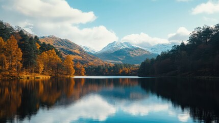 Fototapeta premium Stunning Mountain Reflection on Calm Lake with Autumn Colors Under Blue Sky