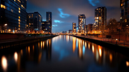 Fototapeta premium serene cityscape at night, featuring illuminated buildings along calm river