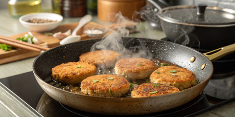 Frying Vegetarian Vegan Cutlets on Frying Pan for Healthy Cooking