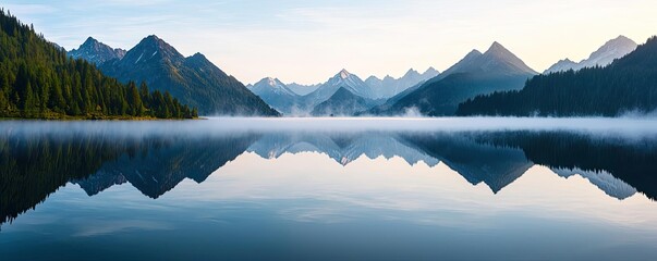 Misty mountain nature idea. A tranquil landscape with mountains mirrored in a calm lake at sunrise.