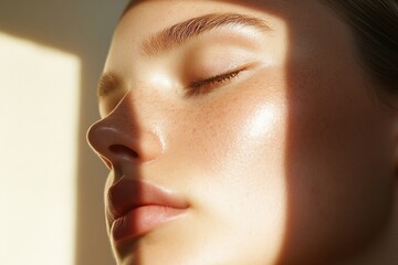 Soft sunlight caresses a woman's serene face while highlighting her natural beauty in warm tones