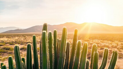 Obraz premium Cactus garden nature idea. A stunning view of a cactus under a warm sunset in the desert landscape.