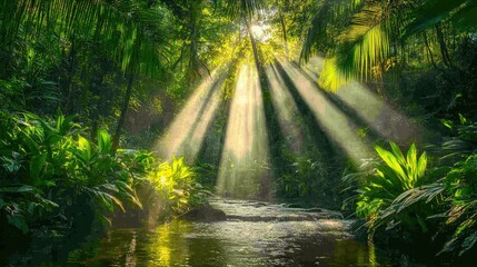 Obraz premium Sunbeams Illuminate Lush Tropical Rainforest Creek