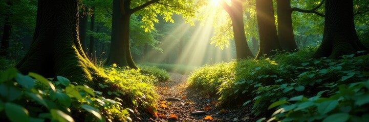 Obraz premium Sunlight casts dappled shadows on the forest floor, forest floor, branch, sunlight