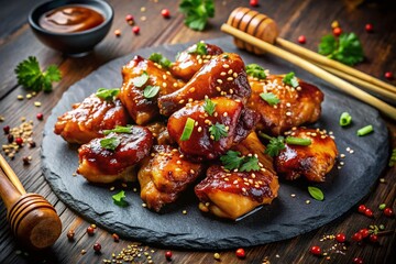 Aerial Drone Shot: Delicious Honey-Soy Ginger Chicken on Dark Stone