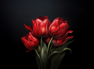 Fototapeta premium Three rich red tulips, petals slightly unfurled, against a deep black background. The lighting emphasizes their velvety texture and saturated color.