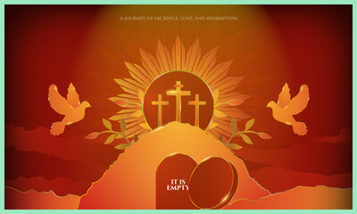 Obraz premium Holy Week Elegant Illustration in gold and red. Holy week abstract artwork. The empty tomb of easter sunday and the crucifixion of good friday. Monstrance rays. Holy spirit doves. Vector. 