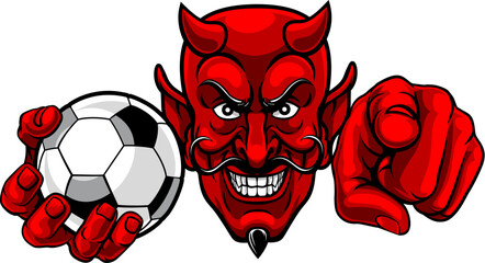 A devil man holding soccer football ball and pointing sports team mascot illustration.