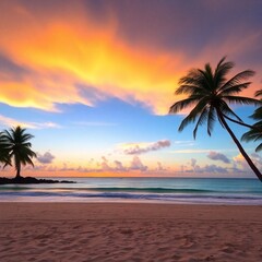 Obraz premium High-resolution stock photo Serene tropical beach scene at sunset, showcasing a gradient sky from orange to deep blue, with soft white clouds and a tranquil ocean. 